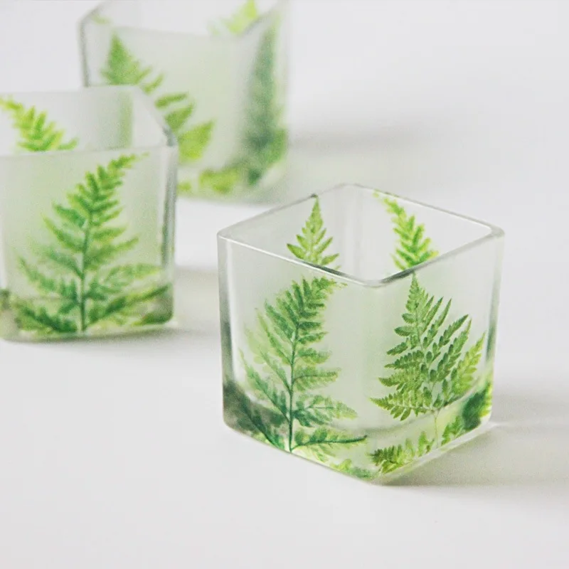 Northern Europe Style Candle Jar DIY Candle Making Container Green Leaf Cup Square Glass Candlestick Romantic Decoration Holders
