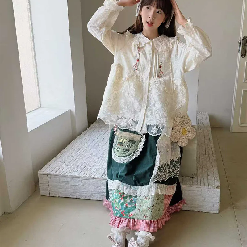 Forest-style retro corduroy patchwork irregular design embroidered lace midi skirt, autumn winter Mori girl fleece  long skirt