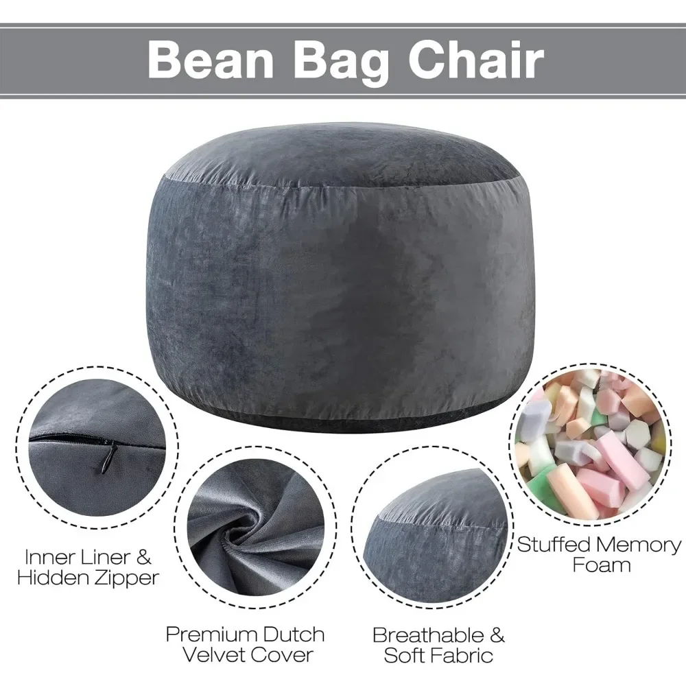 

5' Large Memory Foam Filled Bean Bag Chairs for w/Filling,Ultra Soft Dutch Velvet Cover,Round Fluffy Lazy Sofa for Living Room