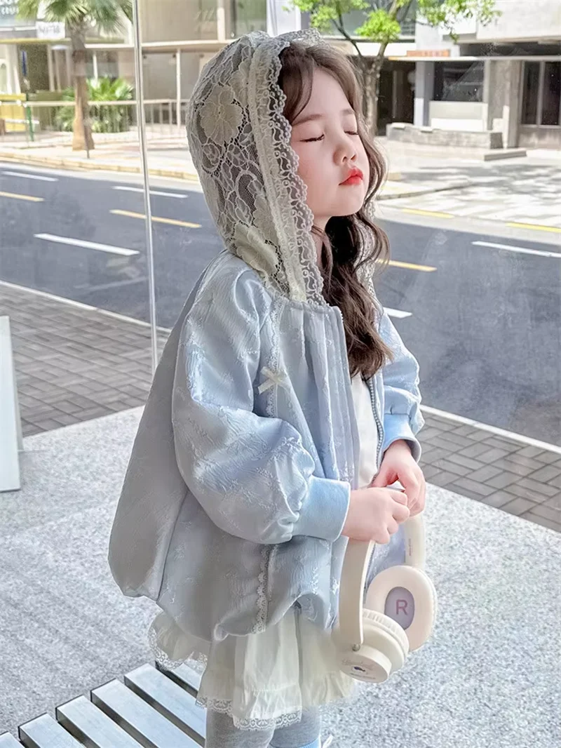 Baby Girls' Coat Spring and Autumn 2026 New Children's Hooded Princess Lace Jacket 2-7Y