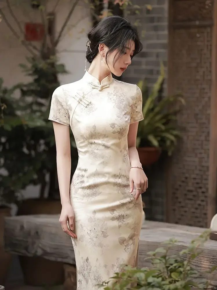 

Improved Short Sleeve Print Cheongsam 2025 Slim High-end Chinese Style Young Temperament Medium Long Dress For Women Qipao