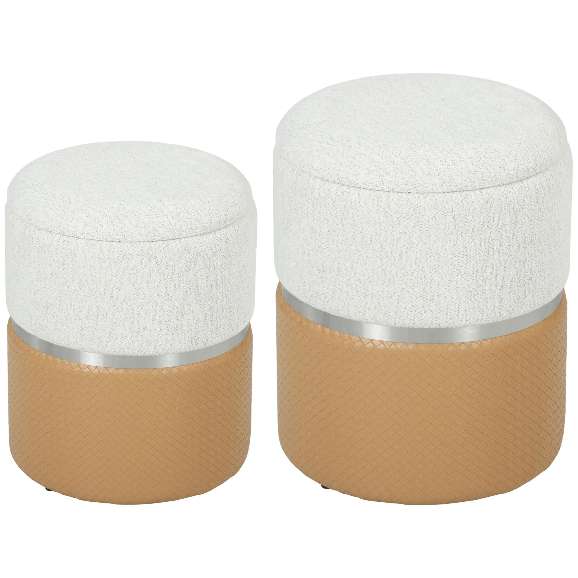 Ensemble de 2 poufs de rangement rembourrés en chenille et PU avec sièges rembourrés pour couloir ou chambre, marron et crème