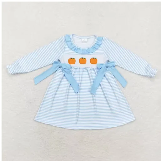 

Wholesale kids clothes girl Embroidered pumpkin blue lace striped long-sleeved dress Summer Boutique girls dresses