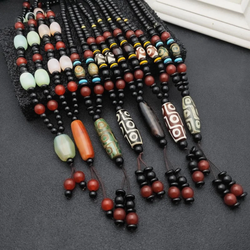 

Yiwu Supply Artistic Vintage Agate Sweater Chain Long Cotton and Linen Ornaments Black and White Dzi Bead Necklace Women's Acces