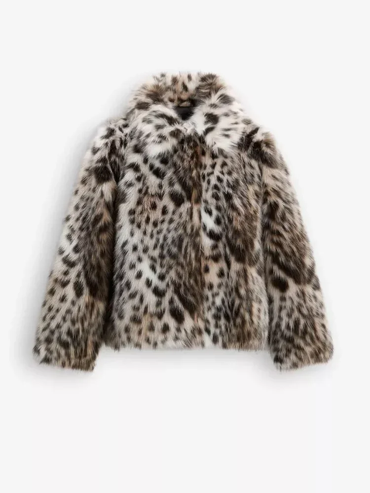 Abrigo de piel sintética peluda de manga larga con estampado de leopardo para mujer, chaqueta cálida gruesa con cuello a la moda, ropa de calle de oficina para mujer 2024