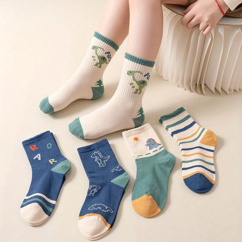 5 Pairs Cute Dinosaur Pattern Kids Socks  Soft Cotton Mid‑Calf Socks Breathable Casual Socks For Little Boys