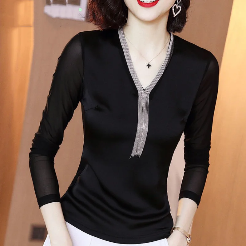 Sexy Net Yarn Thin Bottoming Shirt Spring Autumn New Long Sleeve V Neck Slim Solid Color Tops Tees Vintage Office Women Clothing