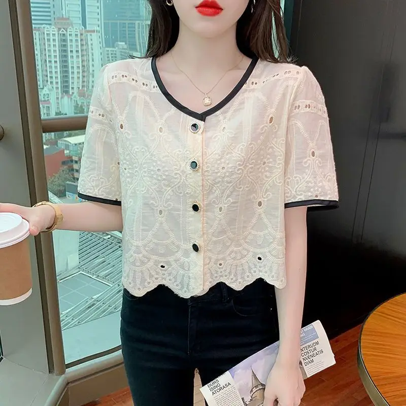 Women\'s Clothing Summer Button Short Sleeved Cardigan Hollow Out Round Neck Contrast Color T-shirt Casual Elegant All-match Tops