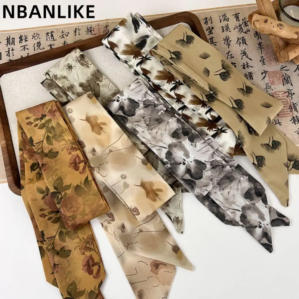 

1 PC Ancient Style Ink Painting Silk Scarf Long Silk Printed Scarf Lady Headdress