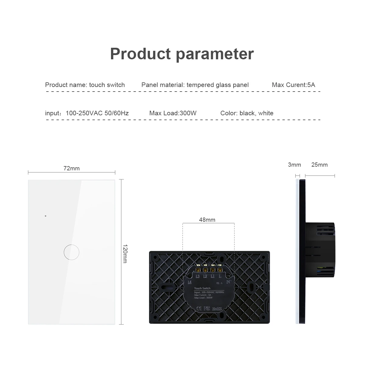 1/2/3 Gang 1 Way LED Light Touch Switches AC110V US Standard Sensor Wall Lamp Switch White Crystal Glass Panel Module Waterproof