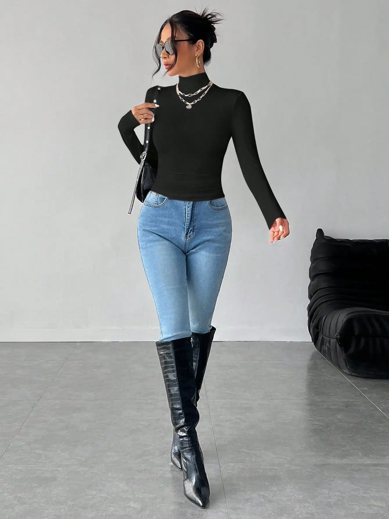 Nova camada de base justa de manga comprida com gola alta de cor sólida europeia e americana, pode ser usada dentro ou fora