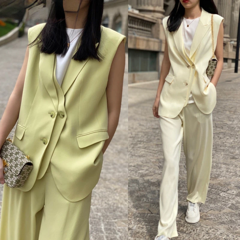 

Fashion Designer Casual Blazer Sleeveless Jacket Vest Loose Pantsuits Female Summer Style Two Piece Set Trousers Women Outfits