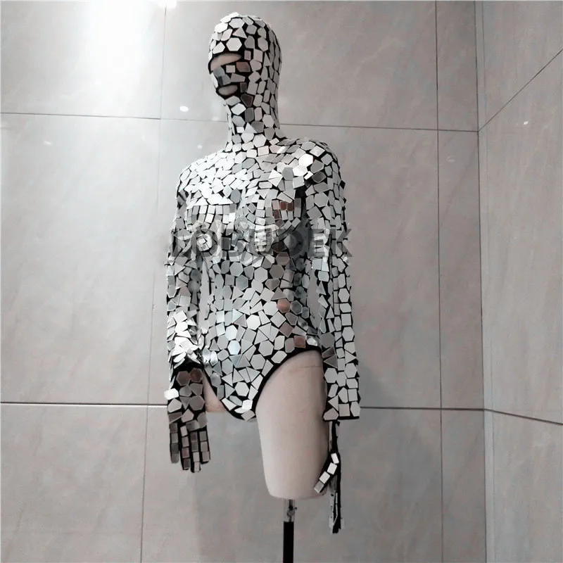 

Silver Mirrors Sequins Hooded Bodysuit Gloves Dance Outfits Dancer Troupe Nightclub Sexy Costume Robot performance Stage Wear