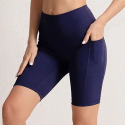 CHRLEISURE Women Yoga Shorts with 3 Pockets Seamless Gym Fitness Tights Elastic Cycling Shorts Female Solid Color Leggings