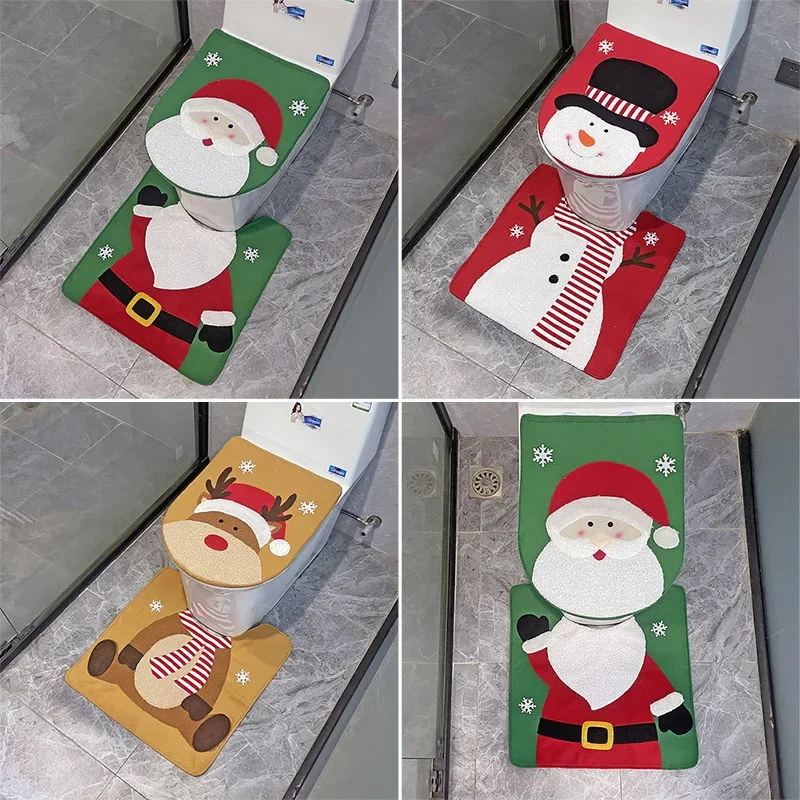 2pcs Christmas Bathroom Mats Sets Santa Claus Bath Mat WC Toilet Seat Cover Toilet Mat Toilette Tapa Inodoro Decoration Commode