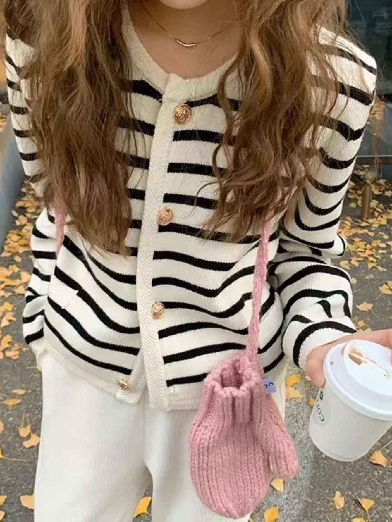 

Black White Striped Short Knitted Cardigan Women's Autumn Winter Outerwear Jacket Sweater Polo Collar Sleeveless Princess Sleeve