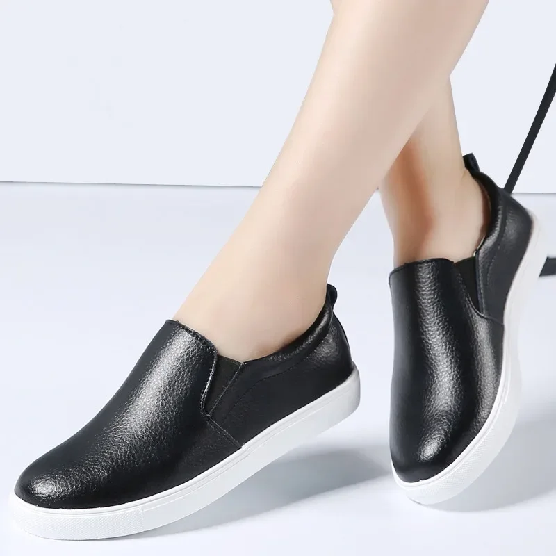 BEYARNE Autumn Women Leather Loafers Fashion ballet flats sliver white black Shoes Woman Slip On loafers boat shoes Moccasins