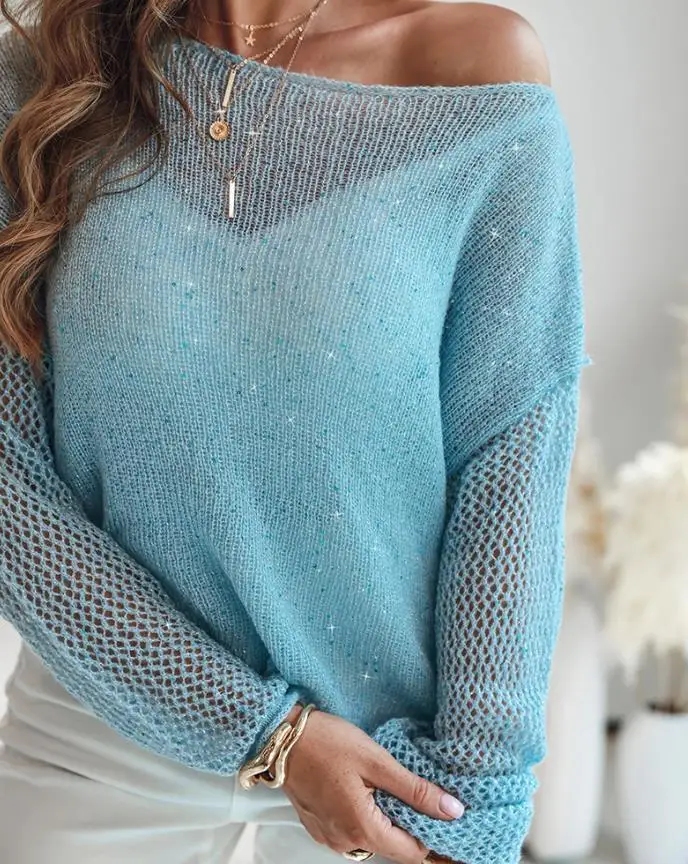 Women's Sweater In Autumn 2025 Daily New Lurex Cold Shoulder Hollow-Out Knit Cover Up Casual Drop Shoulder Top for Women Wear