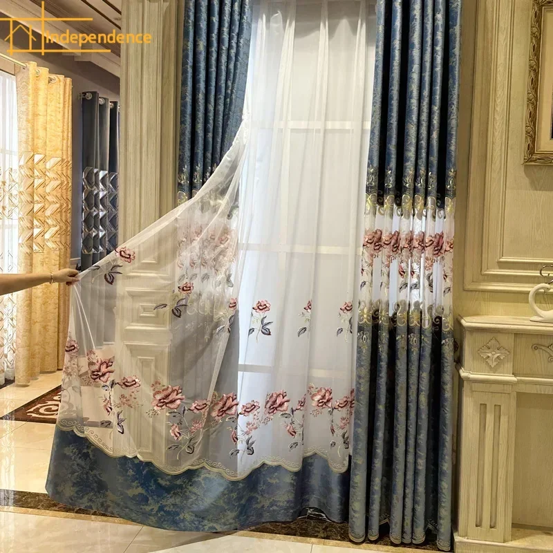 Customized Blue Hollowed Out Embroidery Window Screen Gilded Flannelette Curtains for Living Room Balcony Bedroom French Window