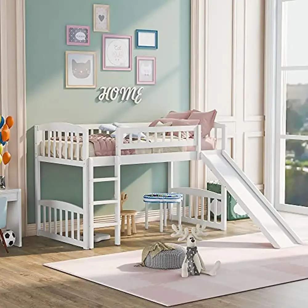 Kids Twin Loft Bed with Slide and Ladder White Pine Wood Low Loft Bed Boys and Girls Pet Friendly Sturdy Construction Modern