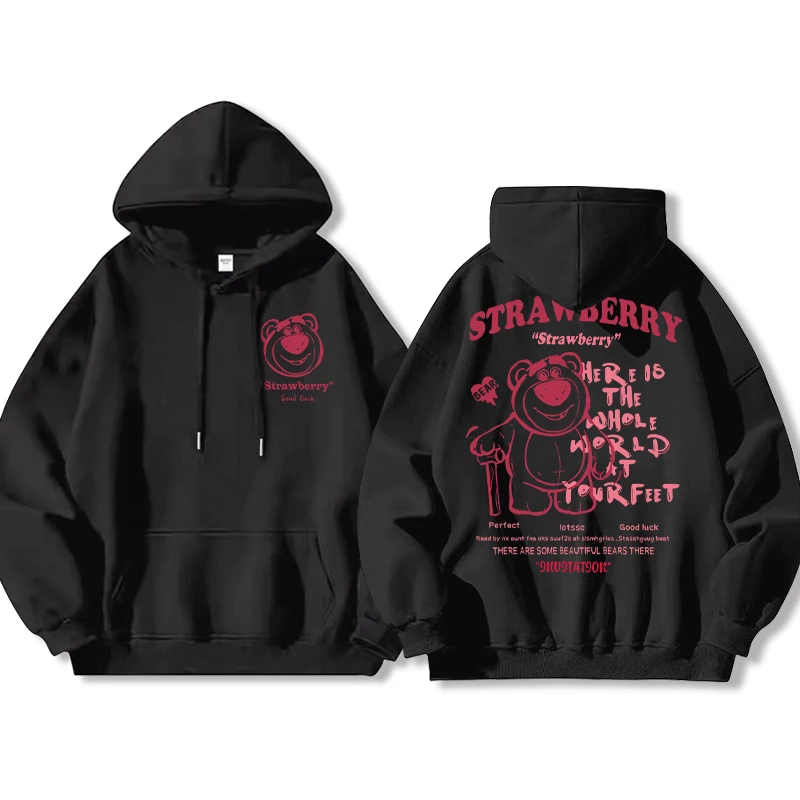 ديزني الفراولة الدب المشترك البلوز المرأة مقنعين 2025 جديد الخريف النمط الأمريكي ملابس فضفاضة سترة المراهقين