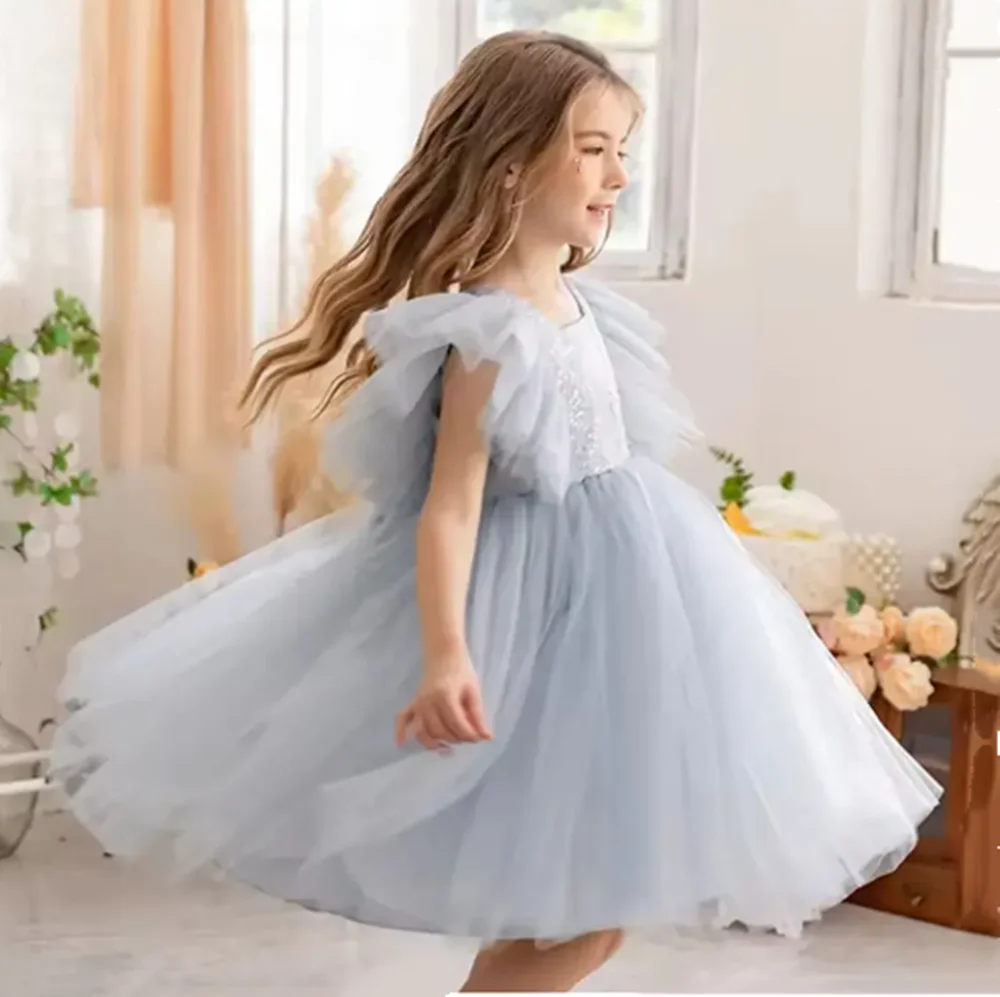 Customized Puffy Flower Girl Dresses For Wedding Knee Length With Bow Simple Princess Birthday Party First Communion Ball Gown