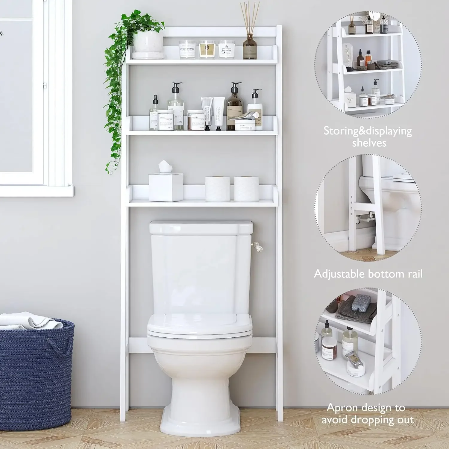 

White Over Toilet Shelf 3-Tier Space-Saving - Bathroom Storage Organizer for Small Spaces, Apartment & Dorm Use