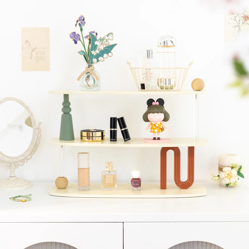 رف تخزين مستحضرات التجميل الخشبي، منظم الأكواب الفرنسية العتيق، حامل عرض العطور الهندسية، رف ترقية سطح المكتب الممتاز #3