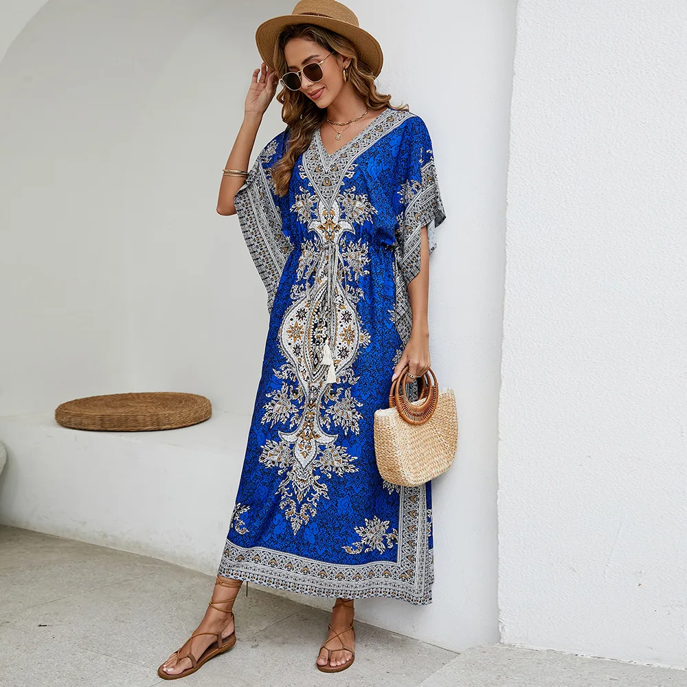 Bohemian Women\'s Long V Leader Pullover Dress Beach Dress Bikini Sunscreen Beach Cover Up Fashion Style Loose Casual Long Dress