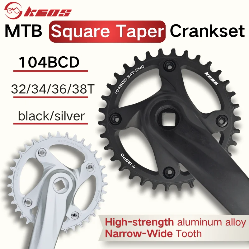 KEOS Lightweight Aluminum 104BCD Square Taper MTB Crankset, 32/34/36/38T Narrow Wide Chainring, Black or Silver Optional