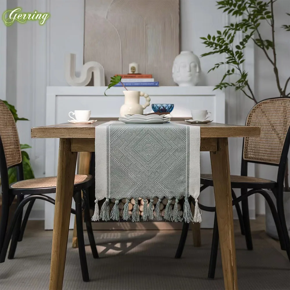 Gerring Table Runner Green Nordic Jacquard Geometric Table Flag Fringe Tea Country Tablecloth Table Runners For Dining Table