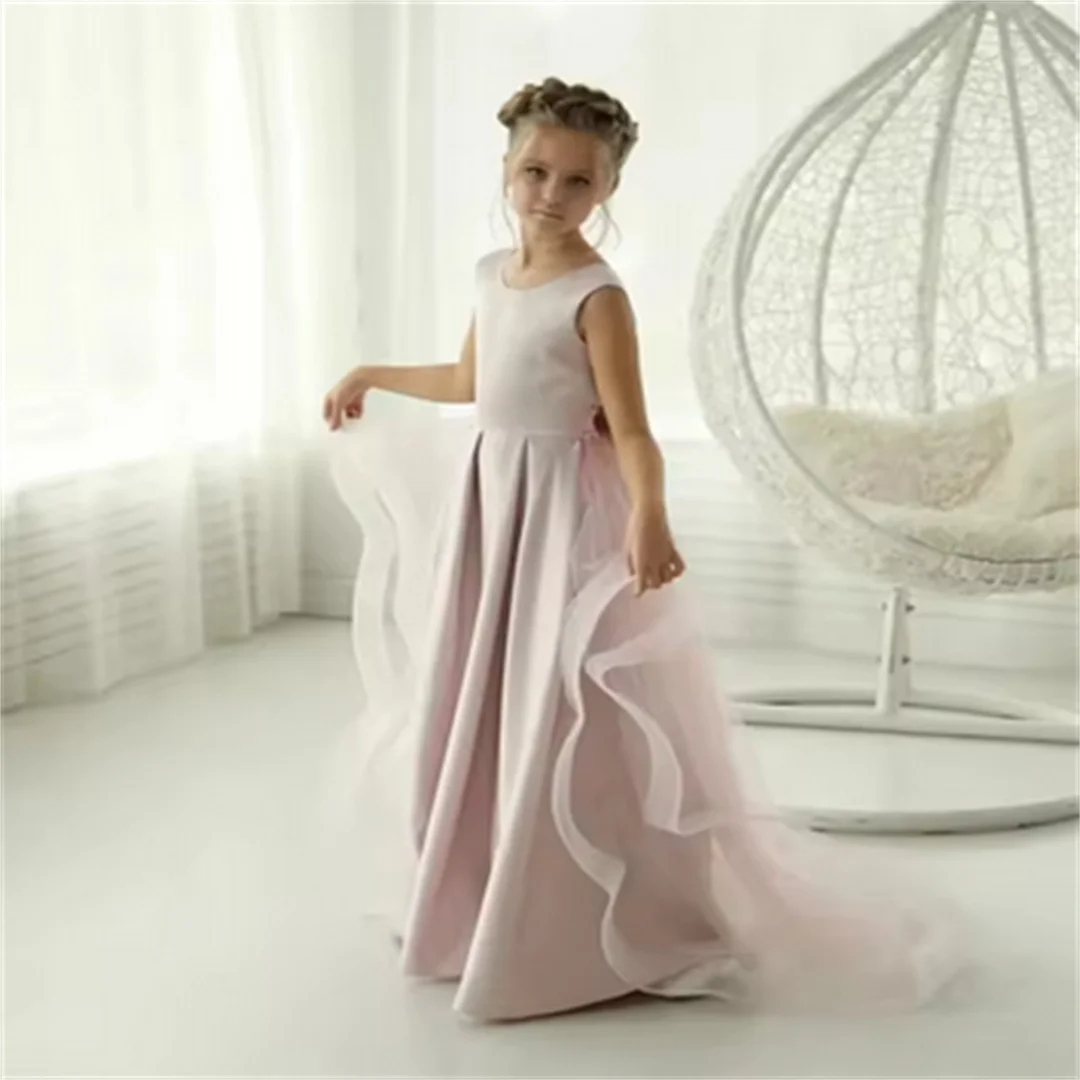 Customized Pink Flower Girl Dress For Wedding Satin Backless With Bow Elegant Kids Quinceanera First Communion Bridesmaid Gown