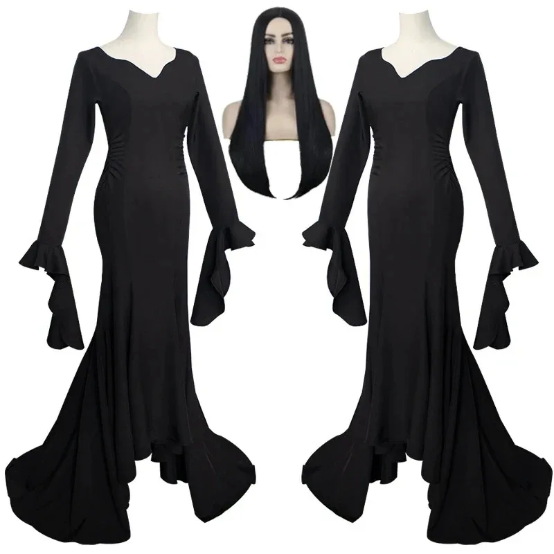 Morticia Addams Abito da donna Vampiro Bat Dress Costume Adams Famiglia Cosplay Halloween Outfit Masquerade Party Cosplay Gotico