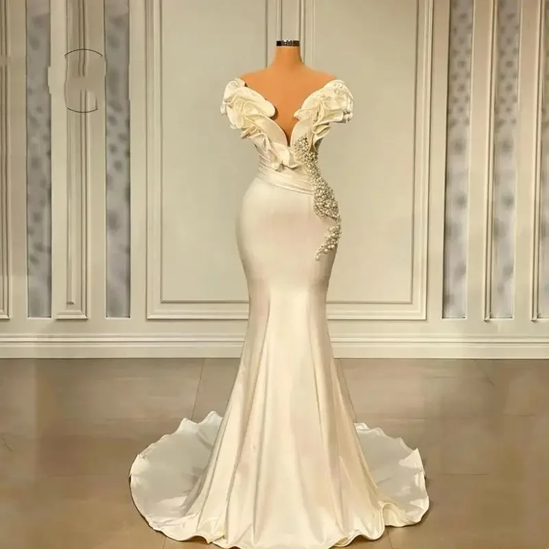 Aangepaste geplooide off-the-shoulder glanzende parels kralen trouwjurk vestidos de novia satijnen vintage bruidsjurk