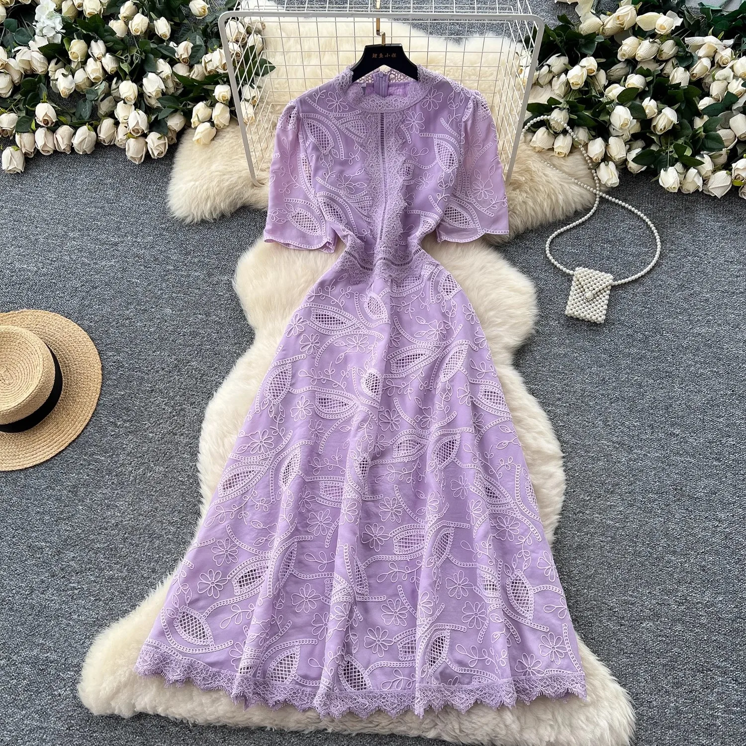 

Vintage Holiday Women's Lace Hollow out Prom Dress Summer Slim Elegant Short Sleeve Long Gown Female Clothing