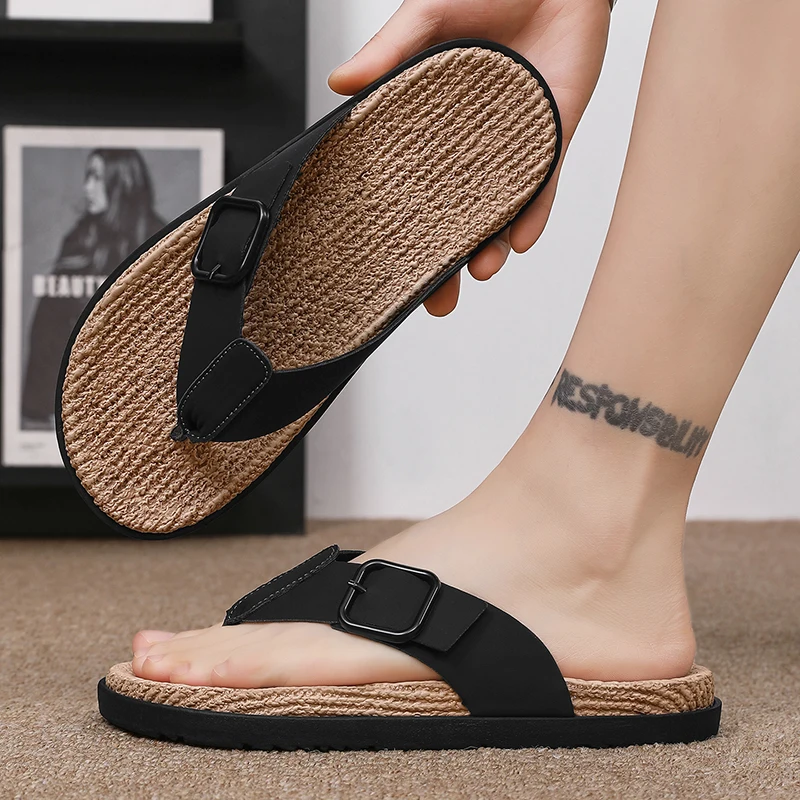 

Men's Summer Thong Slippers Casual Woven Outdoor Anti-slip Soft Bottom Sandals Beach Shoes Comfortable Lightweight Rubber Sole