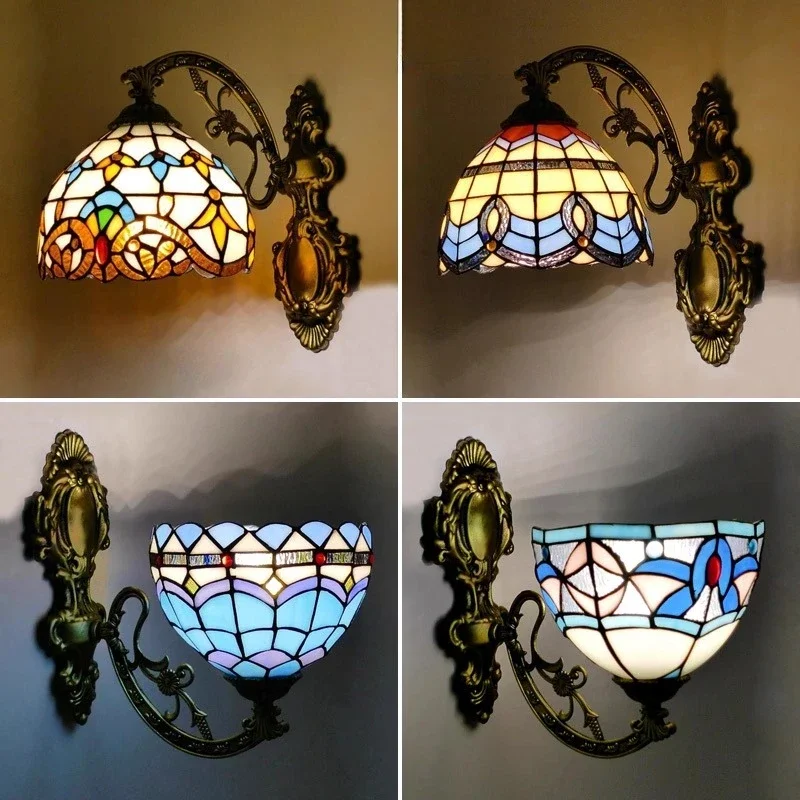 Blue Mediterranean creative wall lamp energy-saving lamp American village glass lighting bedroom bedside lamp bathroom bathroom