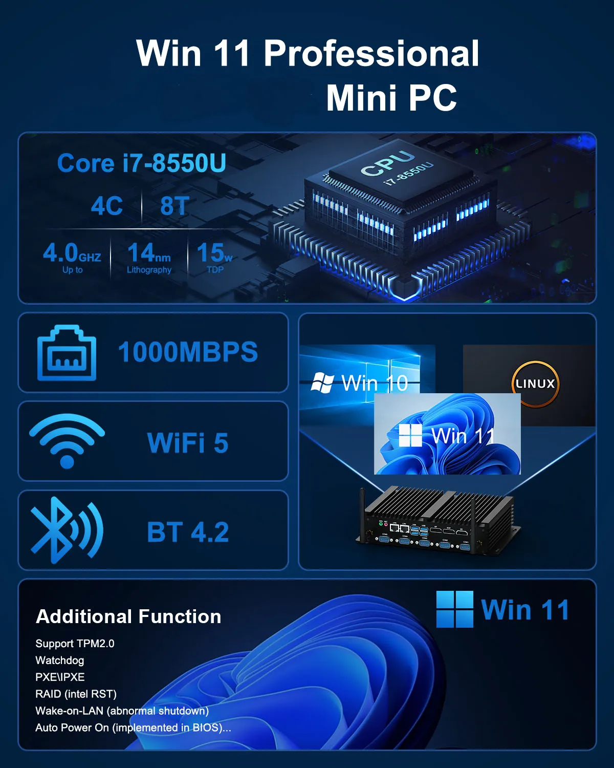 HYSTOU Fanless Mini PC 6×COM Industrial Box Computer Compact Windows 11 Intel Core Quad CPU free shipping i5 8250U i7 8550U