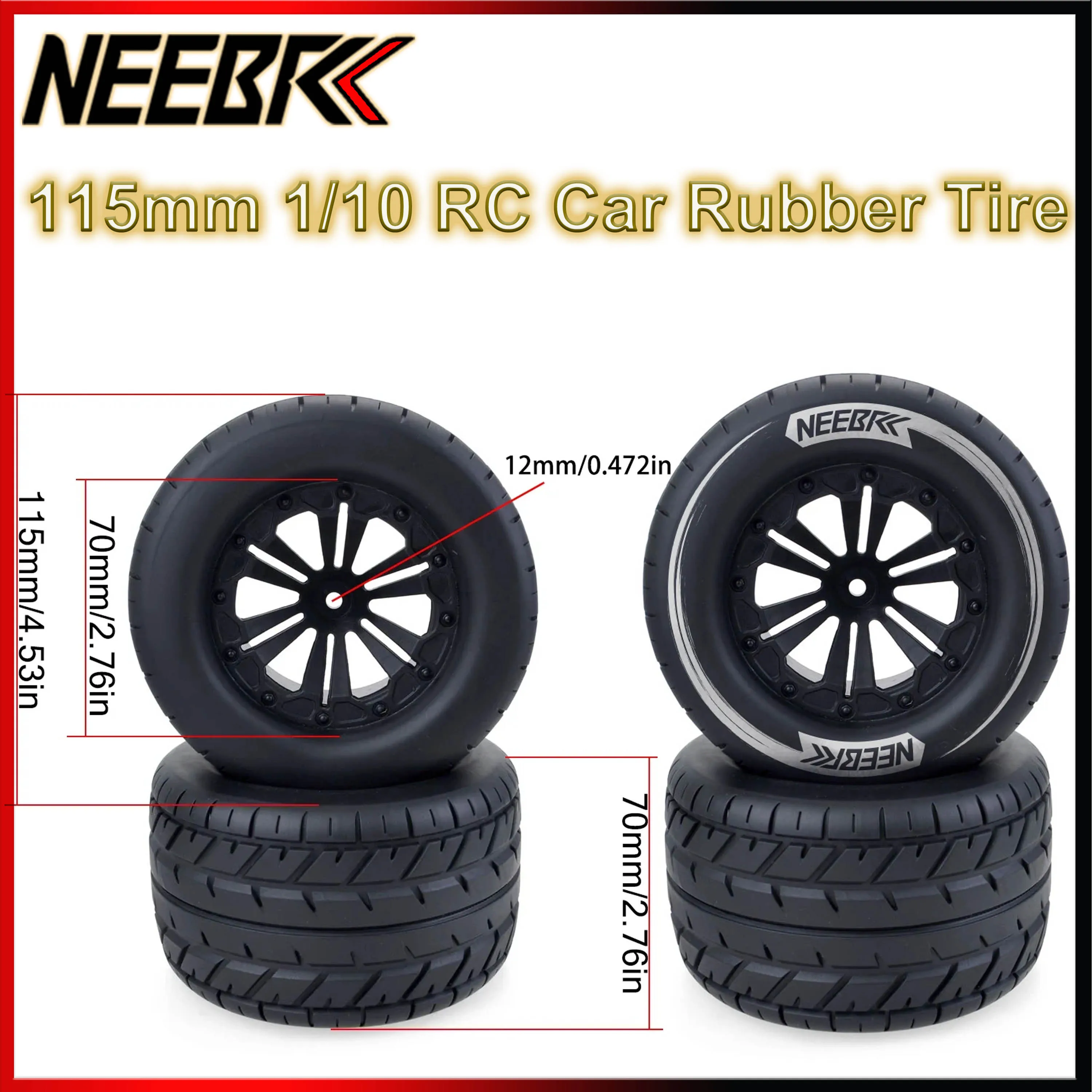 4PCS 115mm 1/10 RC 자동차 고무 타이어 휠 타이어 12mm 헥스 RC 오프로드 버기 몬스터 레드캣 HPI 트랙사스 사바지 XS TM 플럭스 LRP용