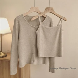 Casual Solid Singel Breasted Women Sweater With Knitting Camisole Tank Tops And Knit Cardigan Coat Witer Autumn Two Piece Set