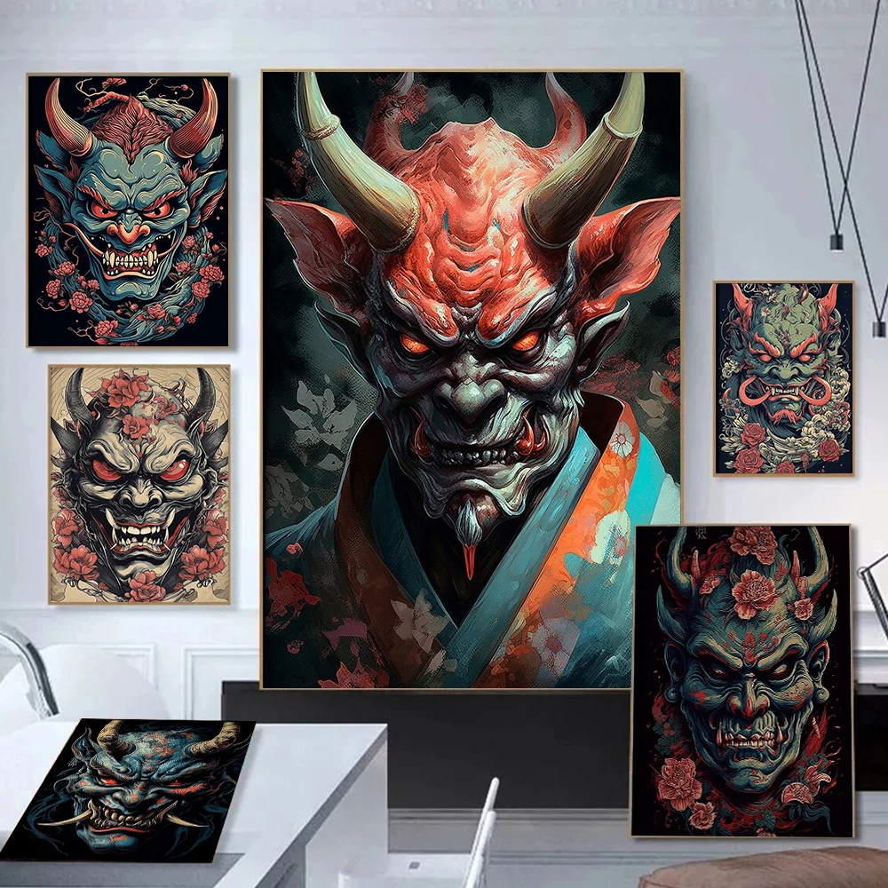 

Japanese Oni Mask Poster Prints For Living Room Home Decor Japan Folklore Mythical Creature Demon Canvas Painting Wall Art