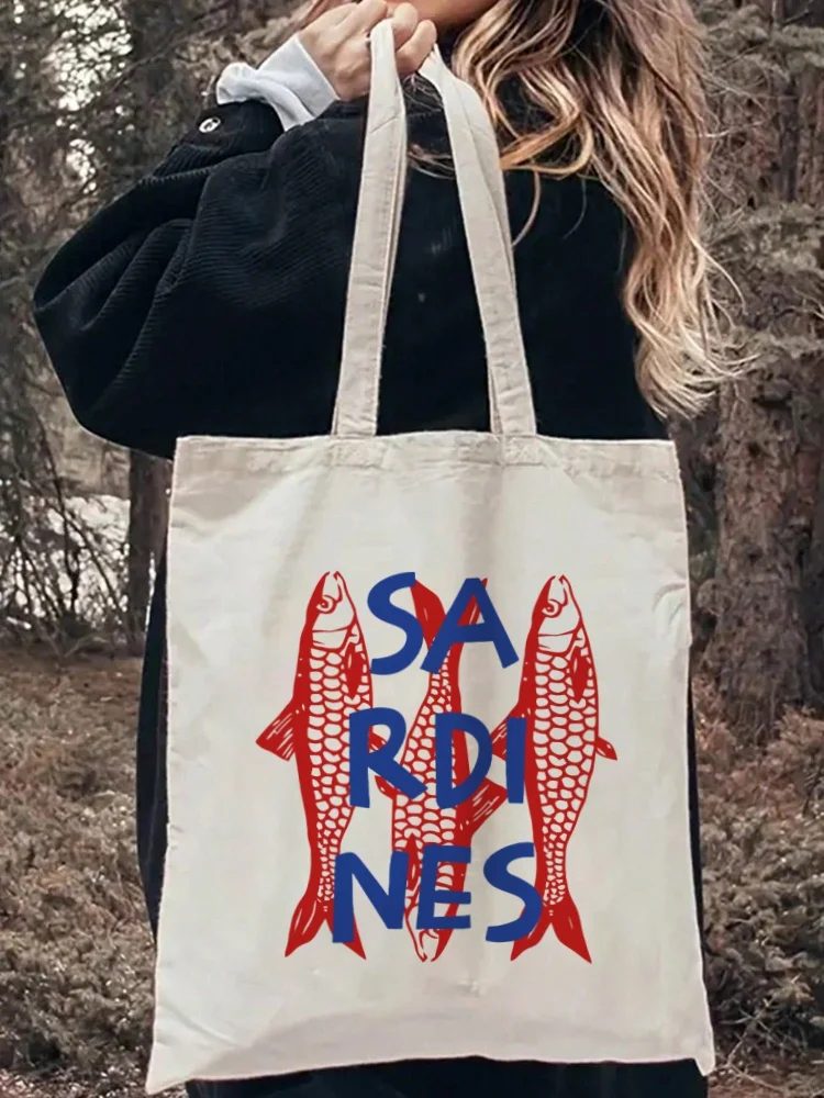 1pcs Vintage Sardines Printed Cartoon Pattern Casual Reusable Student Handbag Travel Trendy Street Canvas Bag Shopping Bag
