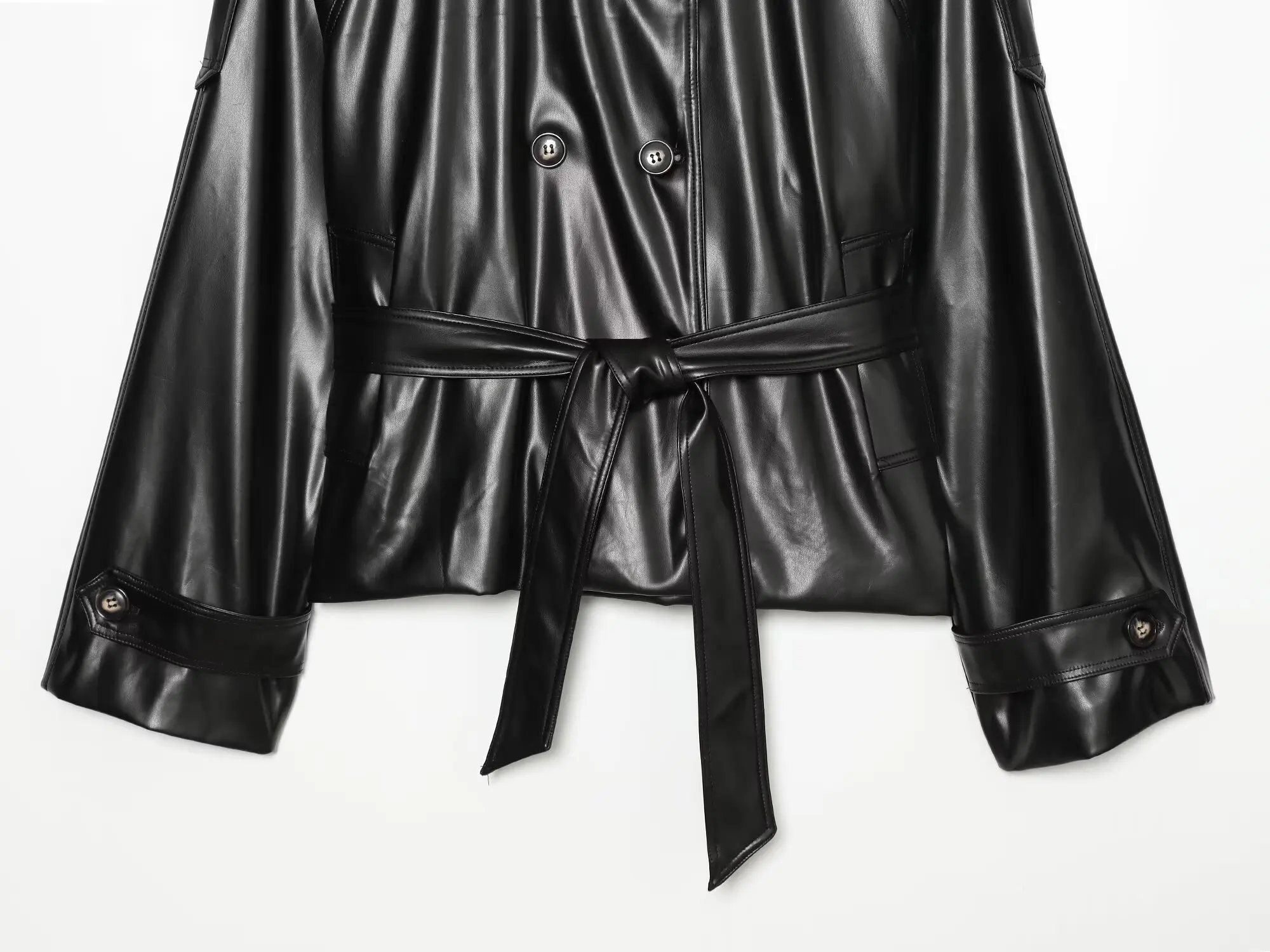 Women's Short Leather Effect Trench Coat, Lapel Double Breasted Windbreaker with Belt, Vintage Faux Leather Jacket