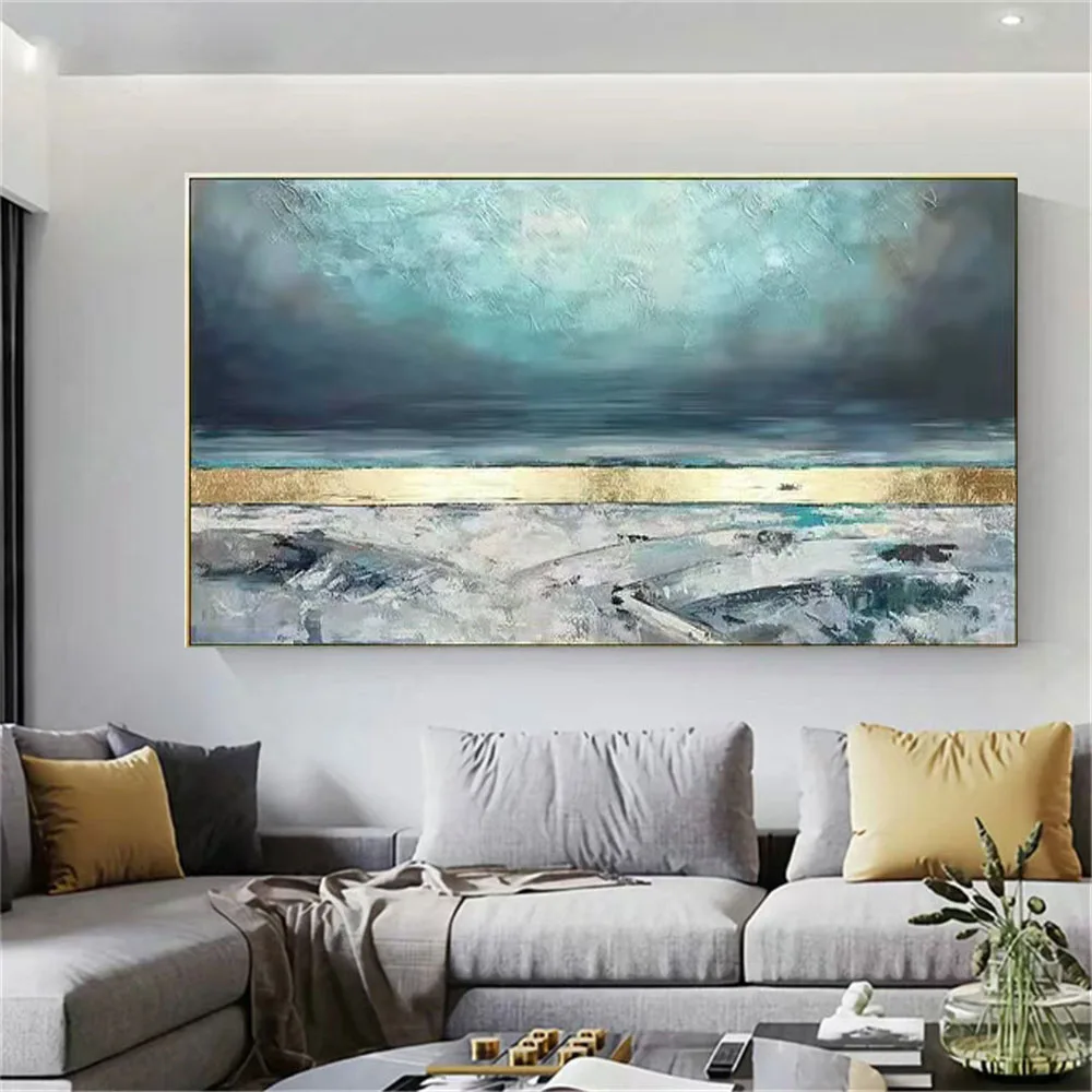 Latest Design Blue Gold Foil Texture Starry Sky Horizon Picture Handmade Landscape Oil Painting On Canvas Trim For Living Room