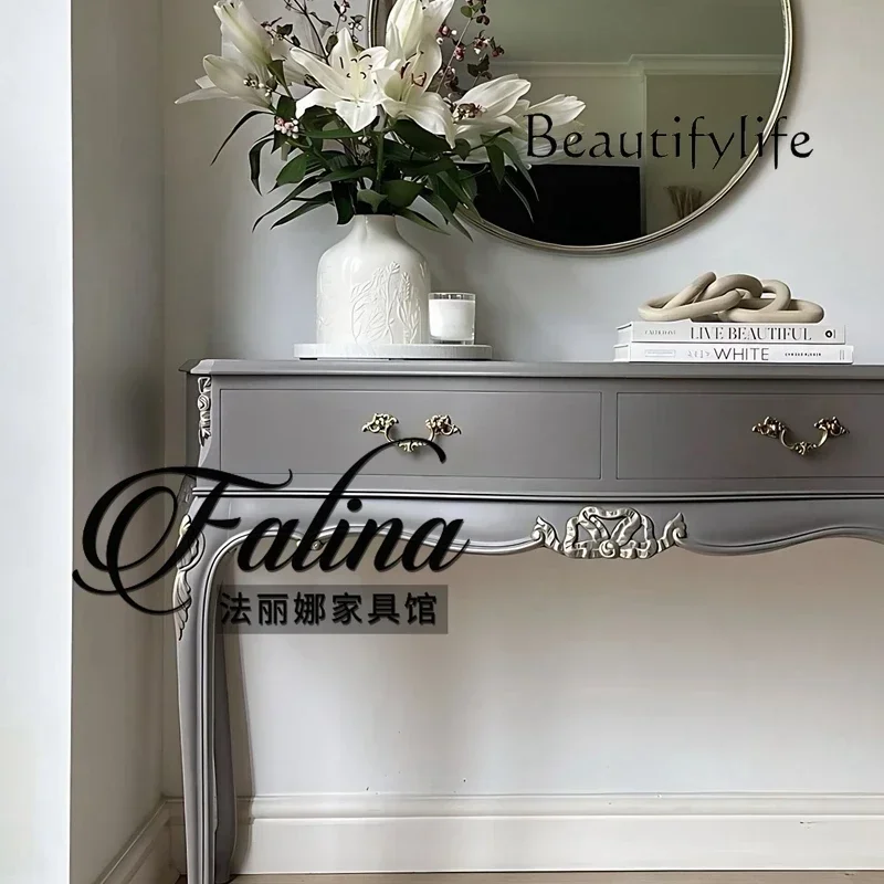 

aQ WW French Solid Wood Porch Entrance Hall Against The Wall Entrance Table Carved European High-grade Gray Porch Cabinet