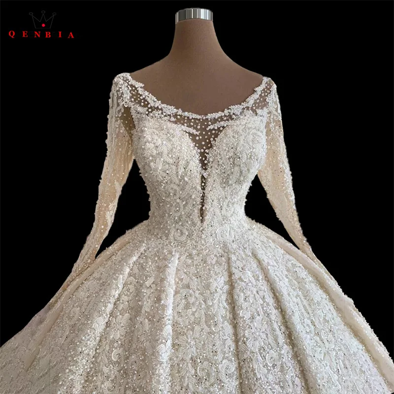 Custom Made Luxury 2023 Fashion Weddding Dresses Ball Gown Long Sleeve Tulle Lace Appliques Crystal Pearls Bridal Gowns SD34