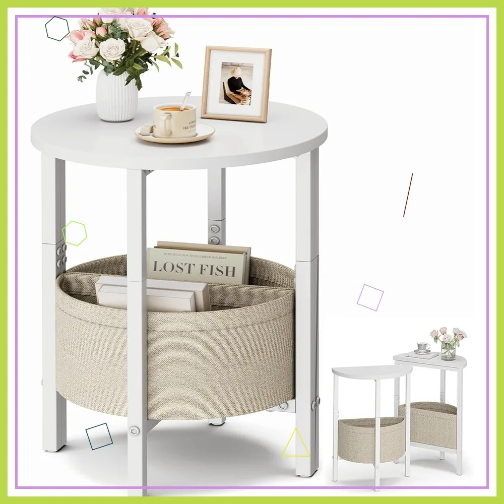 

Set of 2 Modern White Half Round Side Tables with Storage Basket, Accent Coffee and Bedside Nightstand for Living Room Bedroom