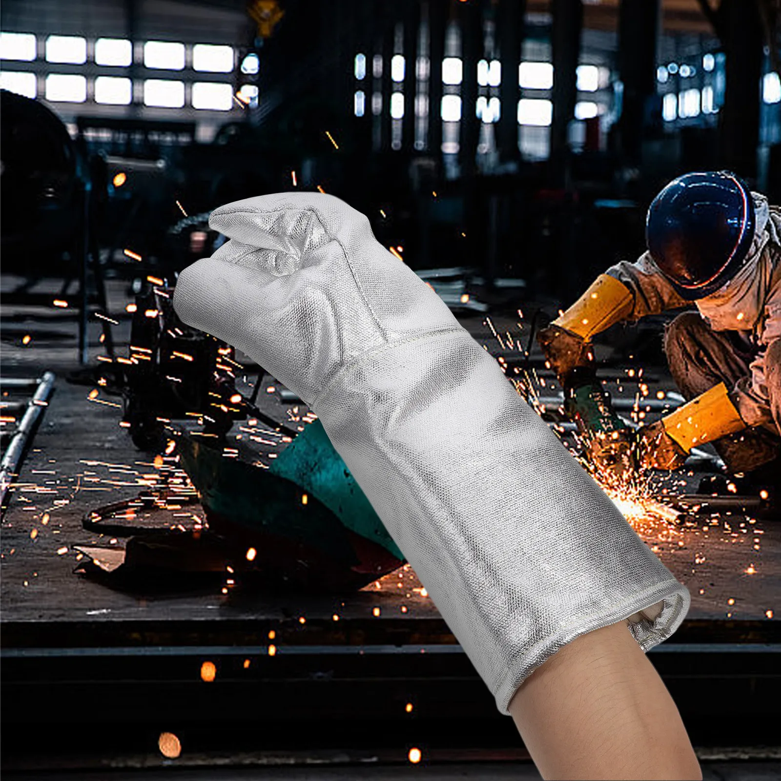 2Pcs Industrial Heat Resistant Gloves Fireproof Aluminum Foil Layer for Welding Metal Fabrication Baking Grilling High Temp