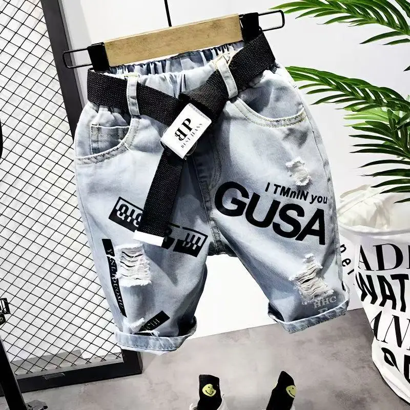 Boys' Denim Shorts Children's Beggars New Korean Version Children's Clothing Handsome and Perforated Five Quarter Pants Trend