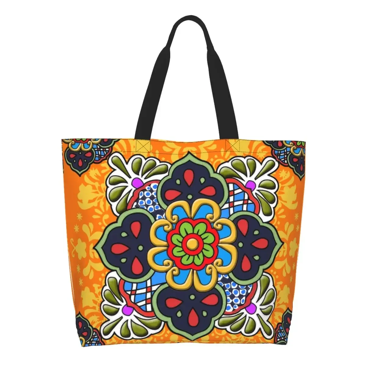 Mexican Talavera Flower Ceramic Tile Groceries Tote Shopping Bag Women Funny Canvas Shoulder Shopper  Big Capacity Handbag